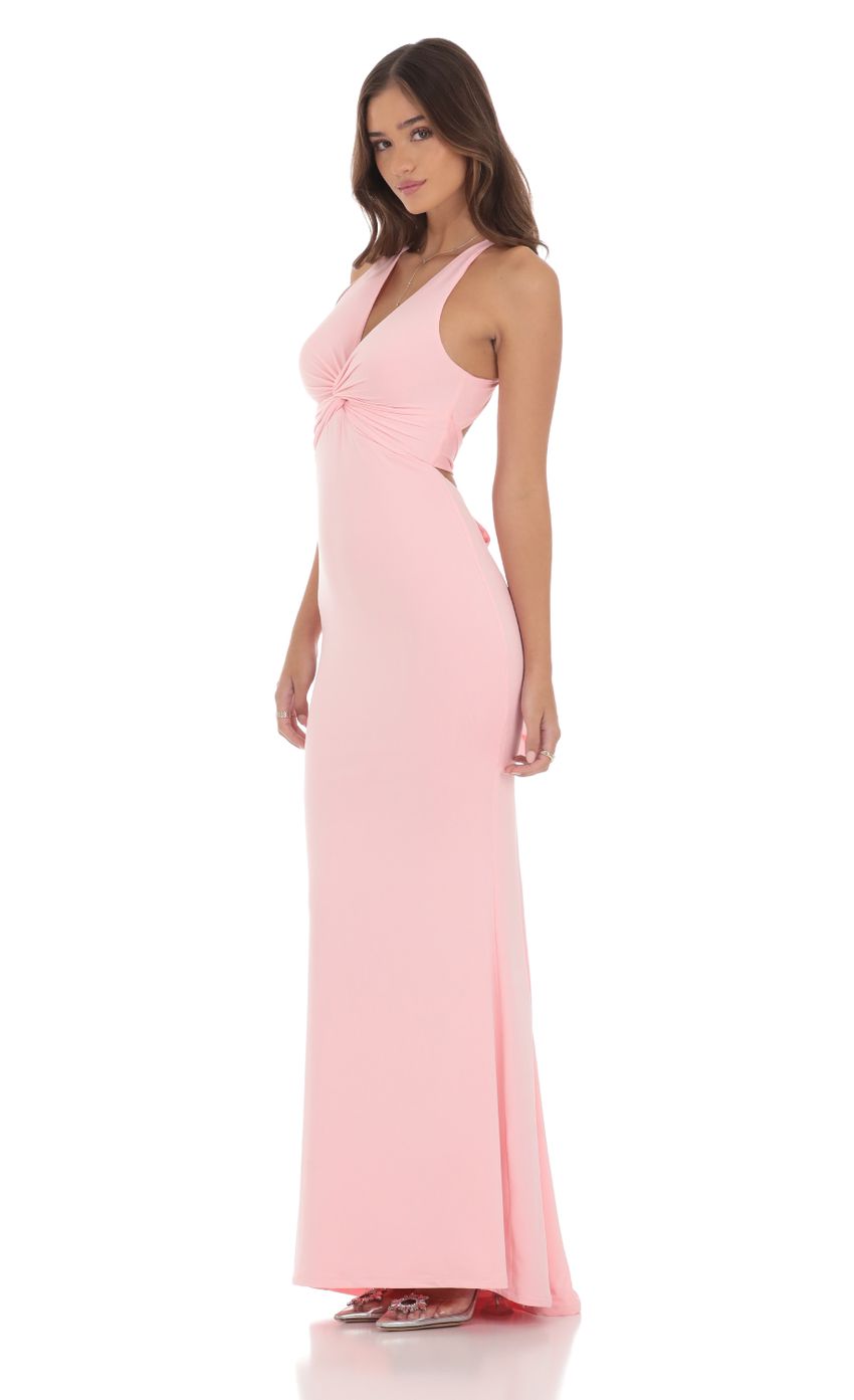 Picture Front Twist V-Neck Maxi Dress in Pink. Source: https://media-img.lucyinthesky.com/data/Aug24/850xAUTO/59c7ba27-f23d-4ff9-9722-f854ddfe2894.jpg