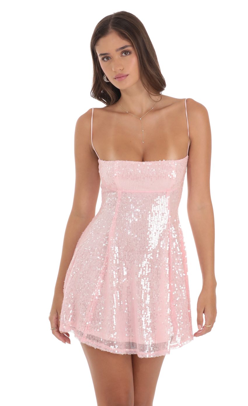 Picture Iridescent Sequin Fit and Flare Dress in Pink. Source: https://media-img.lucyinthesky.com/data/Aug24/850xAUTO/5afd04f9-8030-46ce-b0f8-e75579e0711f.jpg