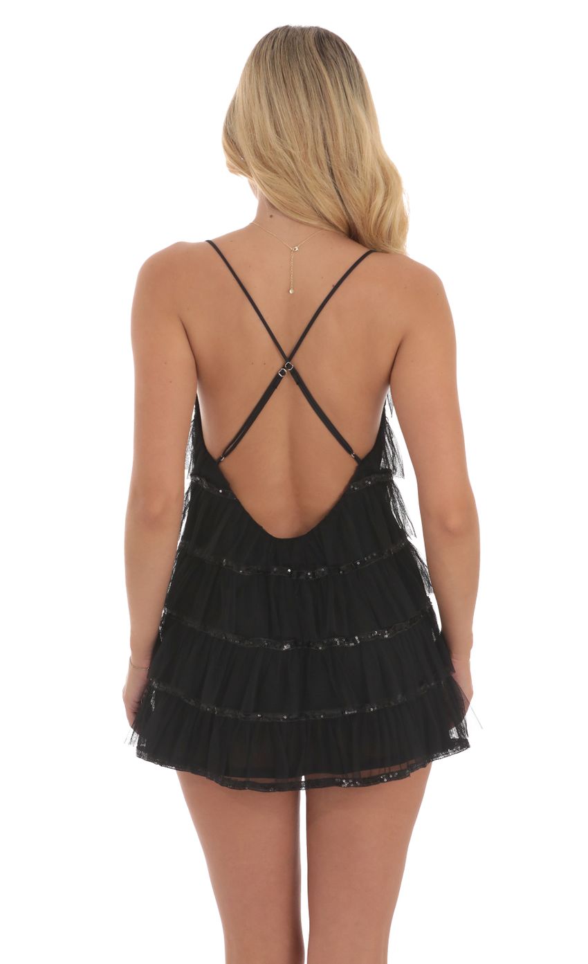 Picture Mesh Sequin Ruffles Dress in Black. Source: https://media-img.lucyinthesky.com/data/Aug24/850xAUTO/67cafffd-a0ab-4ca5-8e53-fd1f07575890.jpg