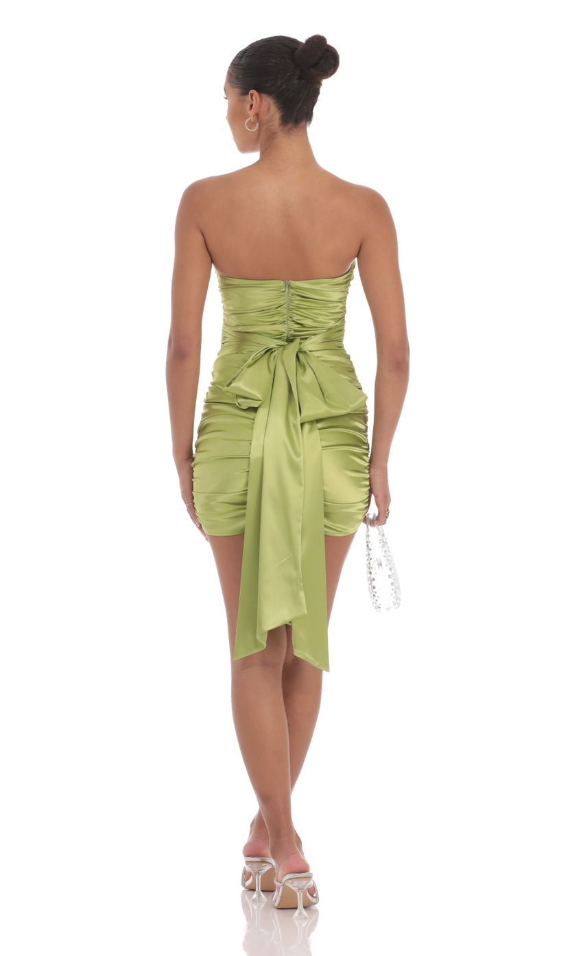 Picture Satin Ruched Bodycon Dress in Chartreuse Green. Source: https://media-img.lucyinthesky.com/data/Aug24/850xAUTO/6d637cbe-ae57-4100-b62c-c3a399260f6b.jpg