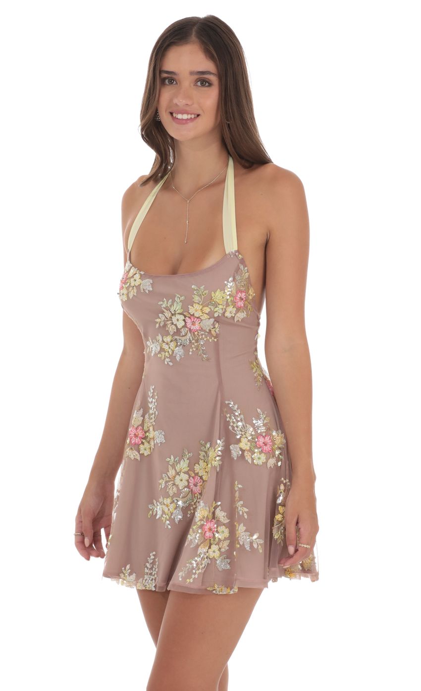 Picture Sequin Floral Mesh Halter Open Back Dress in Mauve. Source: https://media-img.lucyinthesky.com/data/Aug24/850xAUTO/7830f5a5-2cb5-41ed-81e9-9af513402130.jpg