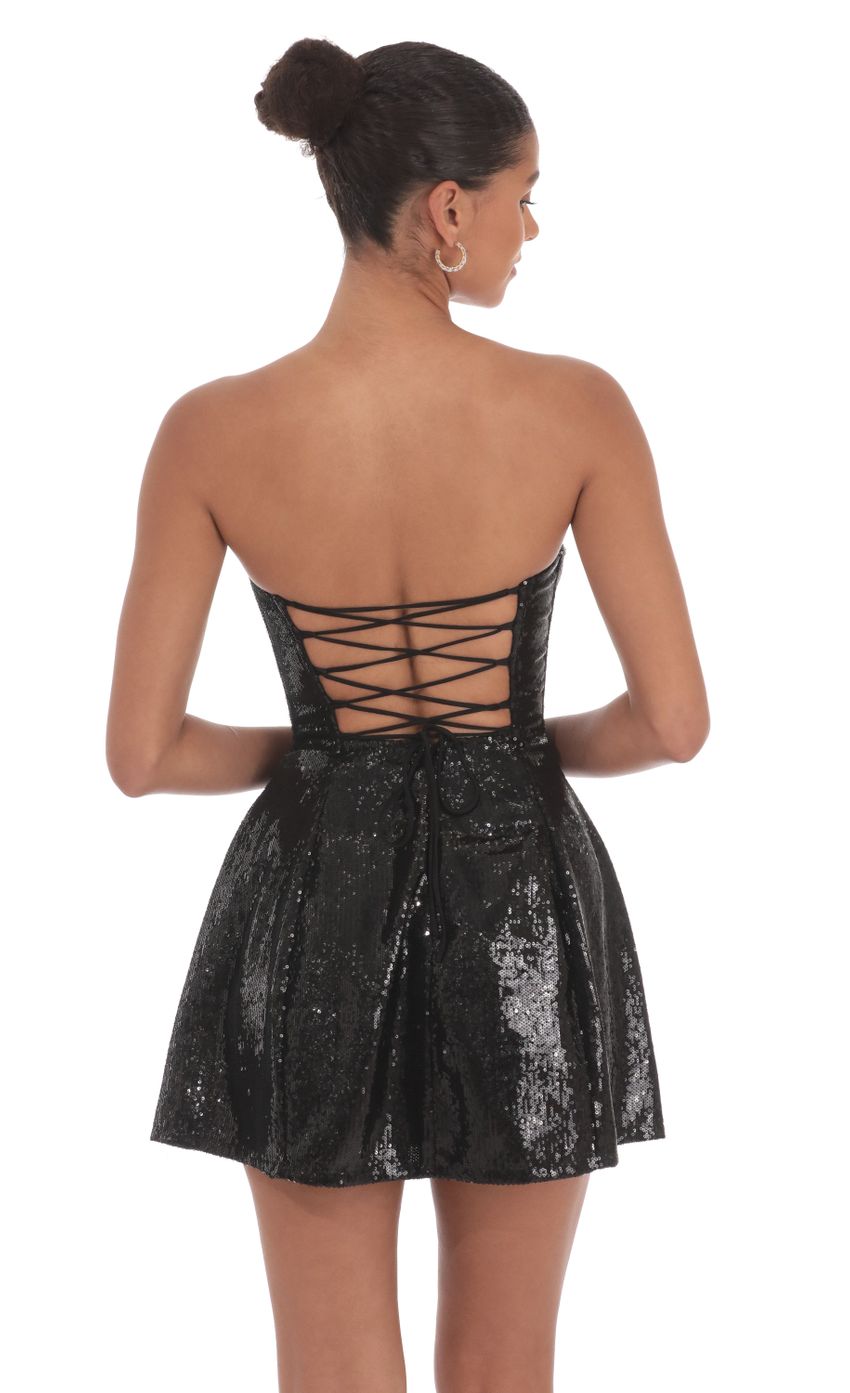 Picture Sequin Strapless Fit and Flare Dress in Black. Source: https://media-img.lucyinthesky.com/data/Aug24/850xAUTO/78edb63d-feed-4bf2-8024-234ea4c5cc3c.jpg