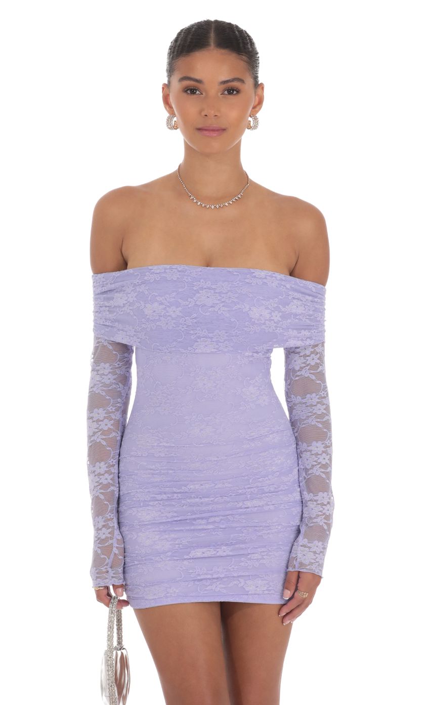 Picture Off Shoulder Long Sleeve Lace Dress in Lavender. Source: https://media-img.lucyinthesky.com/data/Aug24/850xAUTO/7fa199ec-6fff-4783-a30a-2218d532050b.jpg