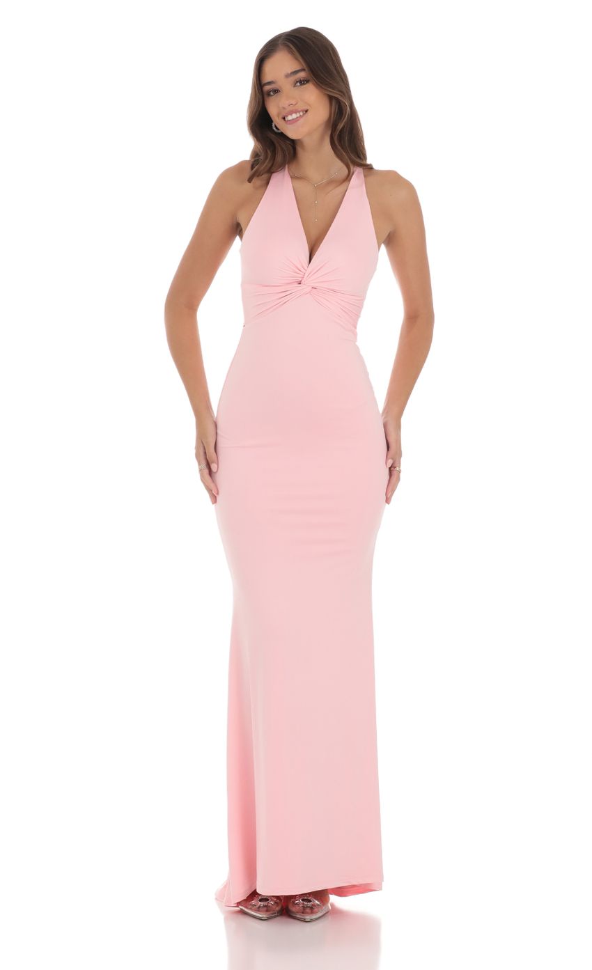 Picture Front Twist V-Neck Maxi Dress in Pink. Source: https://media-img.lucyinthesky.com/data/Aug24/850xAUTO/86523a5f-74bc-4d1b-8626-12562db143a2.jpg