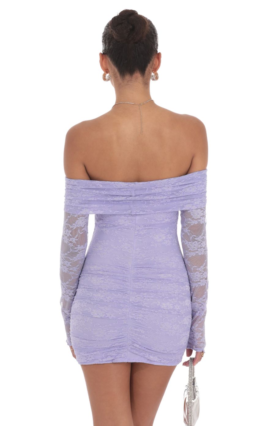 Picture Off Shoulder Long Sleeve Lace Dress in Lavender. Source: https://media-img.lucyinthesky.com/data/Aug24/850xAUTO/88c64628-33e3-4be2-921b-fefa5eb7b1cf.jpg