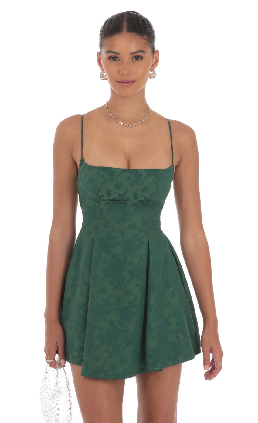 Picture Jacquard Fit and Flare Dress in Green. Source: https://media-img.lucyinthesky.com/data/Aug24/850xAUTO/893e6386-89c2-4caa-a723-bcaf97aca76e.jpg