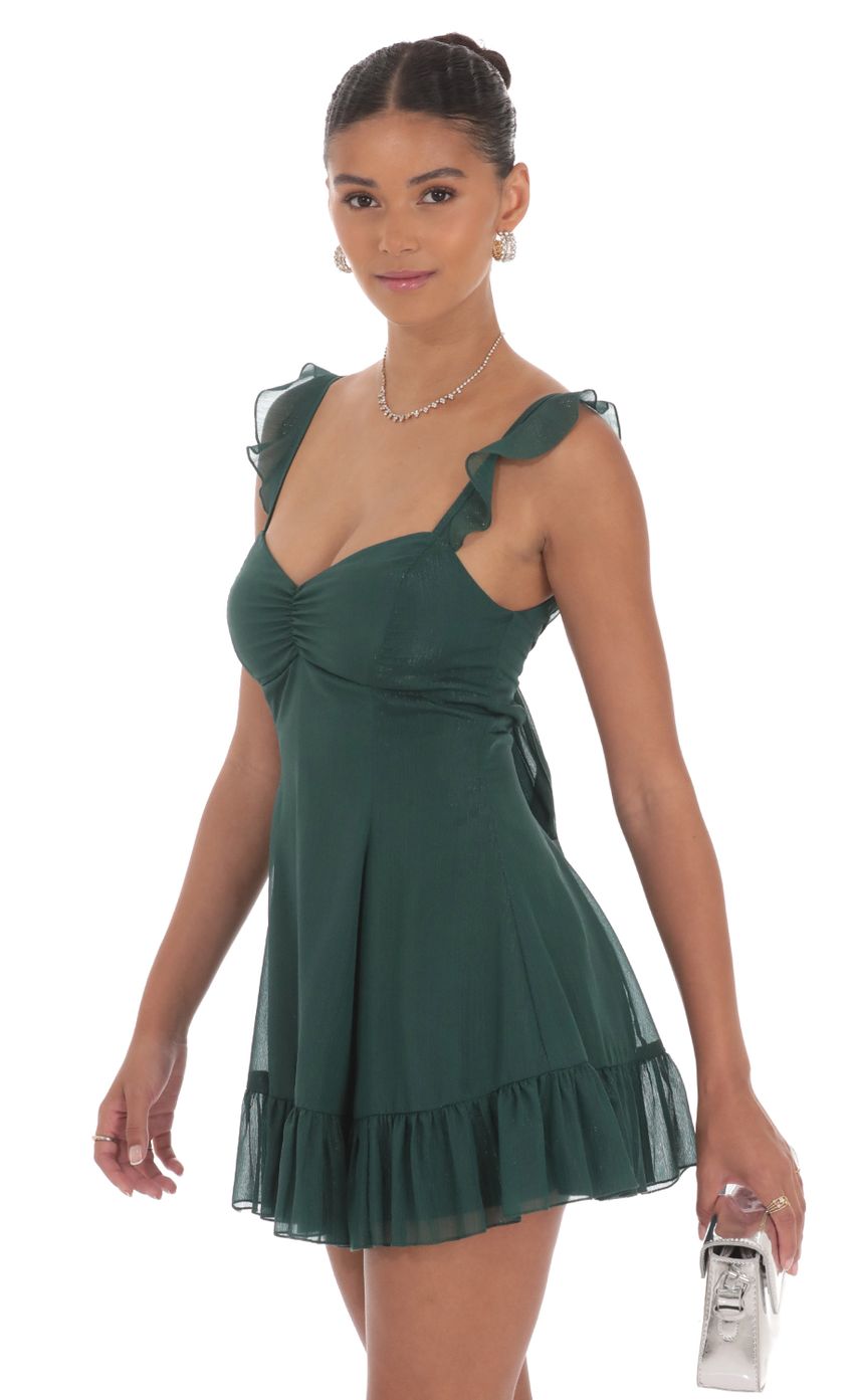 Picture Shimmer Chiffon Ruffle Strap Dress in Green. Source: https://media-img.lucyinthesky.com/data/Aug24/850xAUTO/92c338cb-491c-4467-a002-206c0eaa77df.jpg