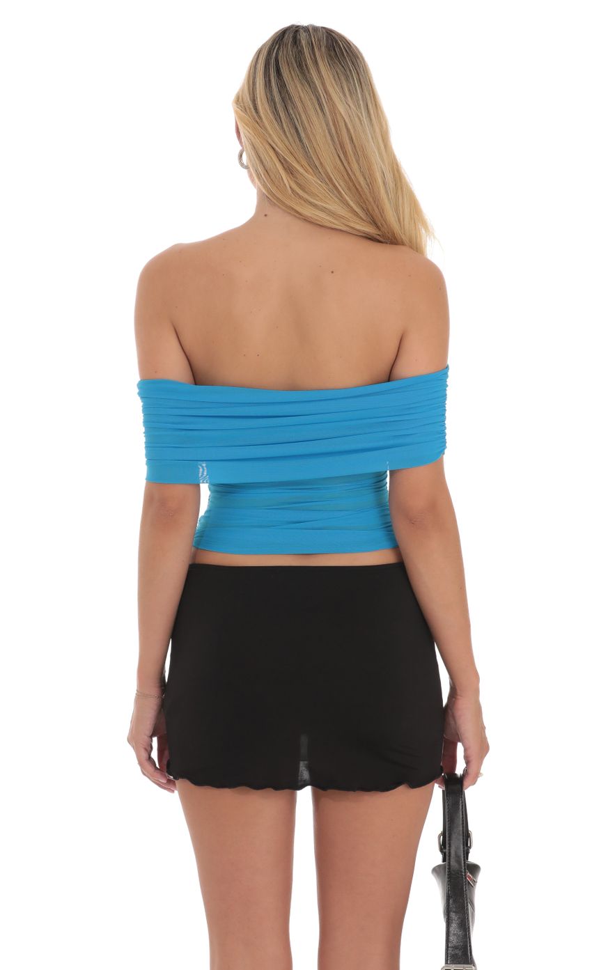 Picture Mesh Off Shoulder Ruched Top in Aqua Blue. Source: https://media-img.lucyinthesky.com/data/Aug24/850xAUTO/996b56c5-43f0-4777-914b-8d721e597de4.jpg