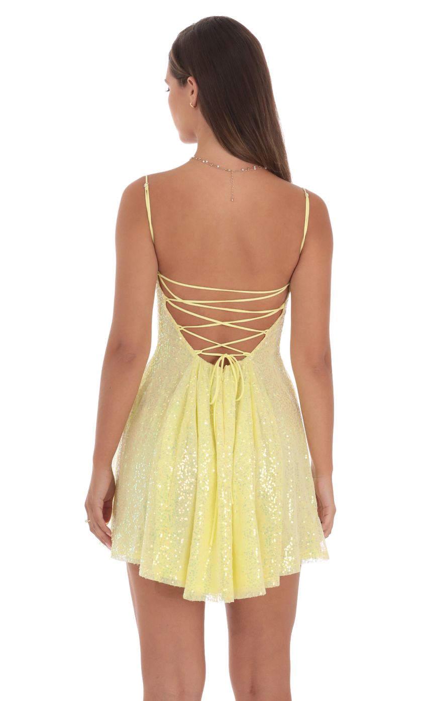 Picture Sequin Fit and Flare Dress in Golden Yellow. Source: https://media-img.lucyinthesky.com/data/Aug24/850xAUTO/afe5f520-6686-473d-9c96-479ed3551caf.jpg