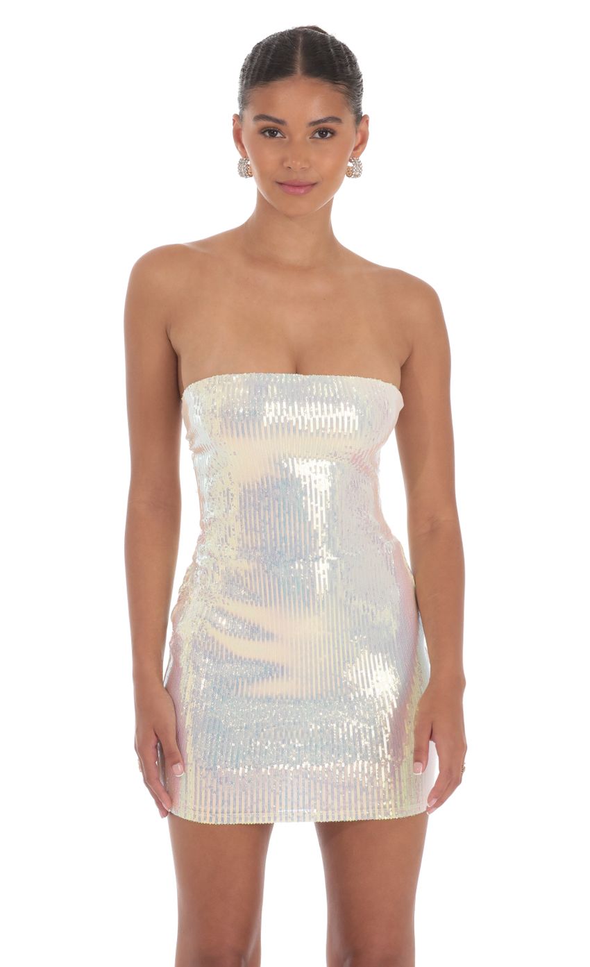 Picture Iridescent Seqiun Strapless Bodycon Dress in Cream. Source: https://media-img.lucyinthesky.com/data/Aug24/850xAUTO/b56e6a7f-8148-4d5d-9480-6d56d62bff77.jpg