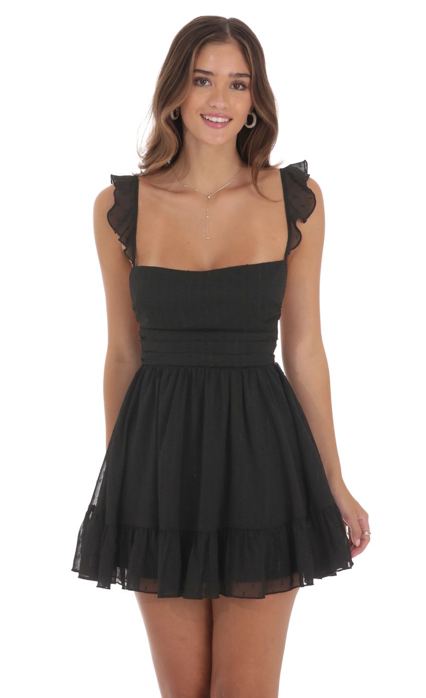 Picture Shimmer Striped Fit and Flare Dress in Black. Source: https://media-img.lucyinthesky.com/data/Aug24/850xAUTO/bb8c0410-6b4a-4abc-92e1-06dbd94e49c9.jpg