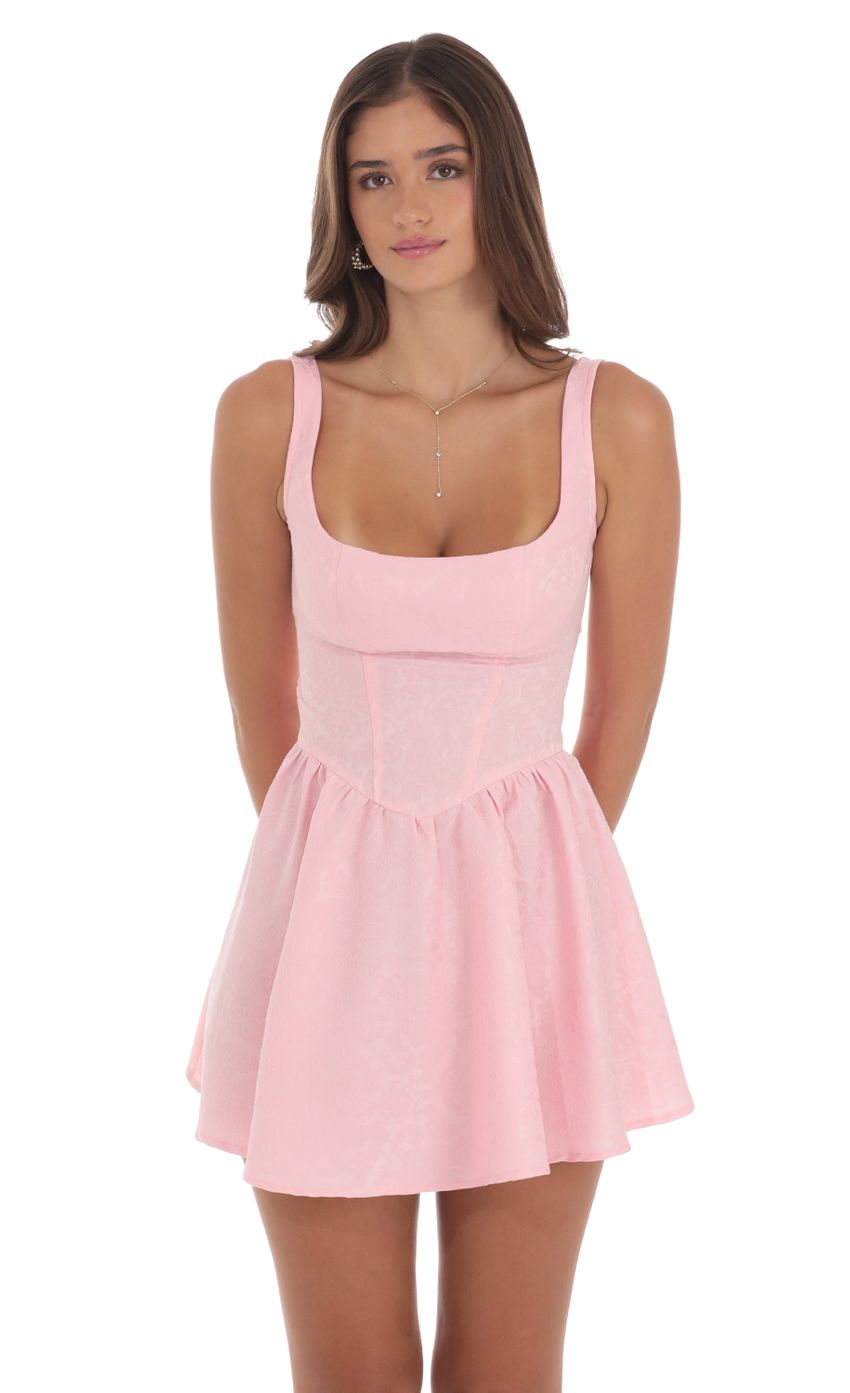 Picture Jacquard Open Back Bow Dress in Pink. Source: https://media-img.lucyinthesky.com/data/Aug24/850xAUTO/c3a1291f-20b5-47b0-8f89-193dc7d52345.jpg