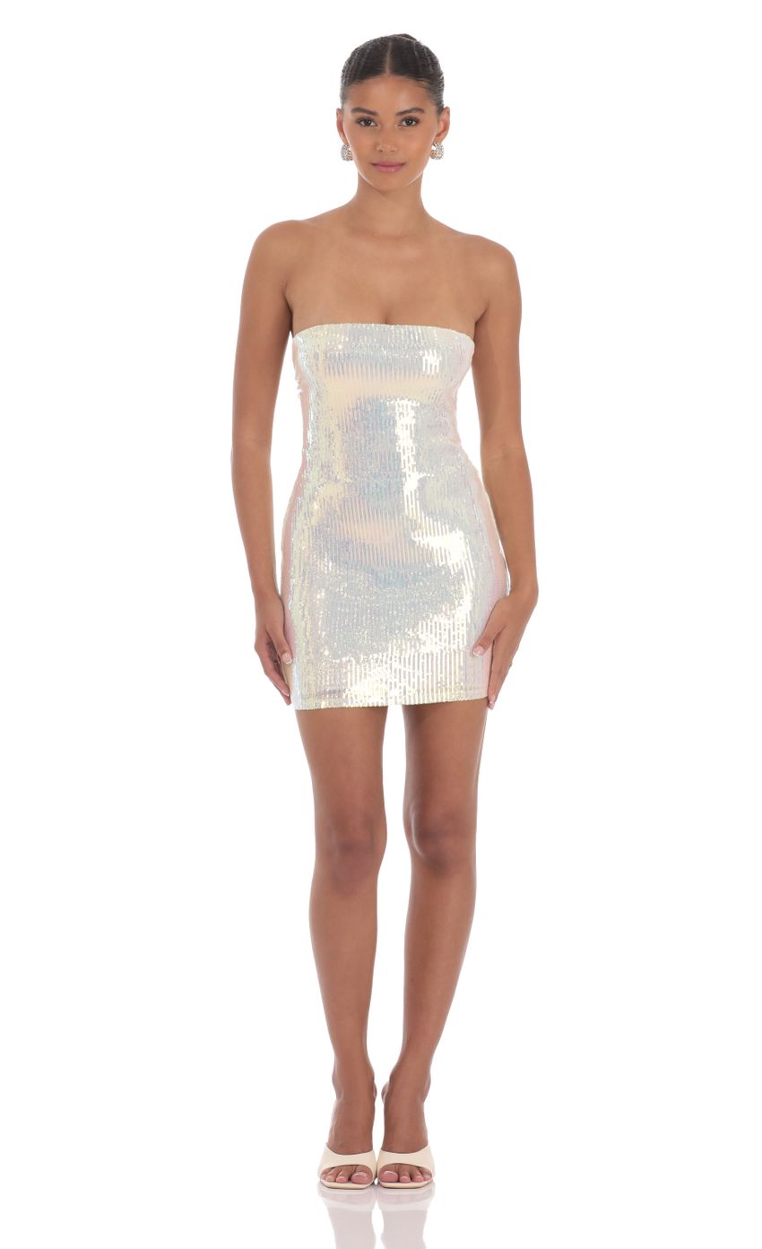 Picture Iridescent Seqiun Strapless Bodycon Dress in Cream. Source: https://media-img.lucyinthesky.com/data/Aug24/850xAUTO/c50b6682-454b-4744-85e4-d527895499e4.jpg