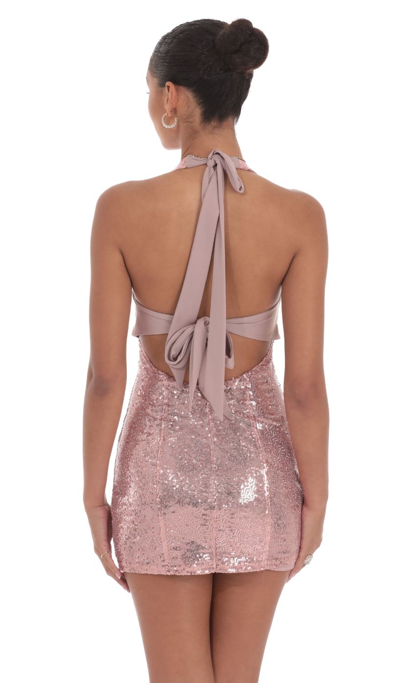 Picture Sequin Halter Bodycon Dress in Rose Gold. Source: https://media-img.lucyinthesky.com/data/Aug24/850xAUTO/c6279499-8c4f-4085-afde-f831c731b341.jpg