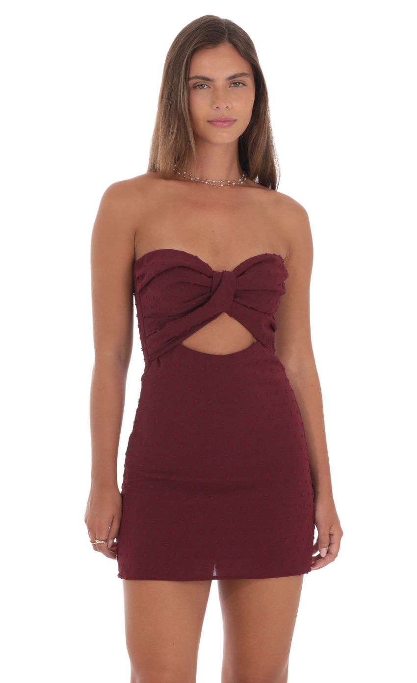 Picture Dotted Strapless Cutout Dress in Burgundy. Source: https://media-img.lucyinthesky.com/data/Aug24/850xAUTO/d4048b22-99af-405b-ab3f-9156d86c97c0.jpg