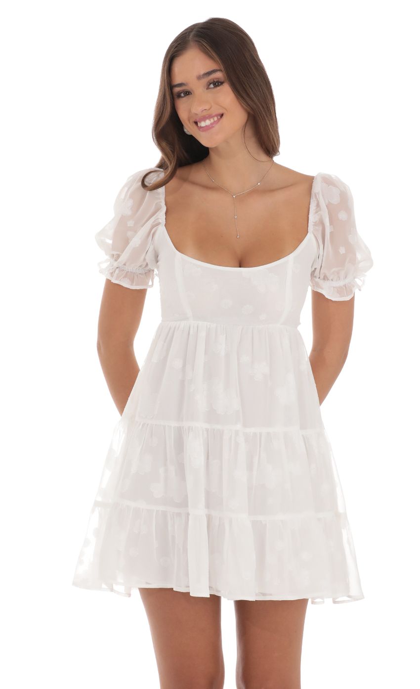 Picture Floral Chiffon Fit and Flare Dress in White. Source: https://media-img.lucyinthesky.com/data/Aug24/850xAUTO/dbf7263e-73ff-426f-bf45-c52a91052483.jpg