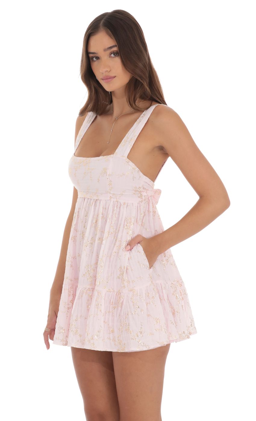 Picture Foiled Floral Babydoll Dress in Pink. Source: https://media-img.lucyinthesky.com/data/Aug24/850xAUTO/e335eb1b-7236-4e41-9bd5-5b5c66f6ea19.jpg