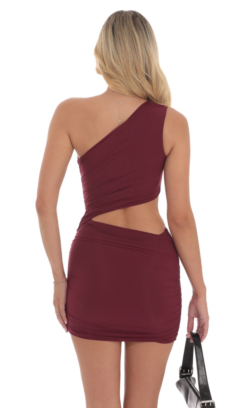 Picture Mesh One Shoulder Cutout Dress in Maroon. Source: https://media-img.lucyinthesky.com/data/Aug24/850xAUTO/f628302e-66a9-47d3-99d0-71b60a60ede5.jpg