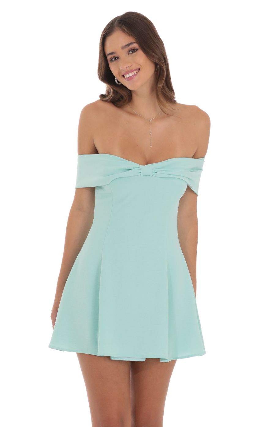 Picture Front Bow Off Shoulder Dress in Mint. Source: https://media-img.lucyinthesky.com/data/Aug24/850xAUTO/f69c11e5-7d5f-471a-b085-4f8b6f21c277.jpg