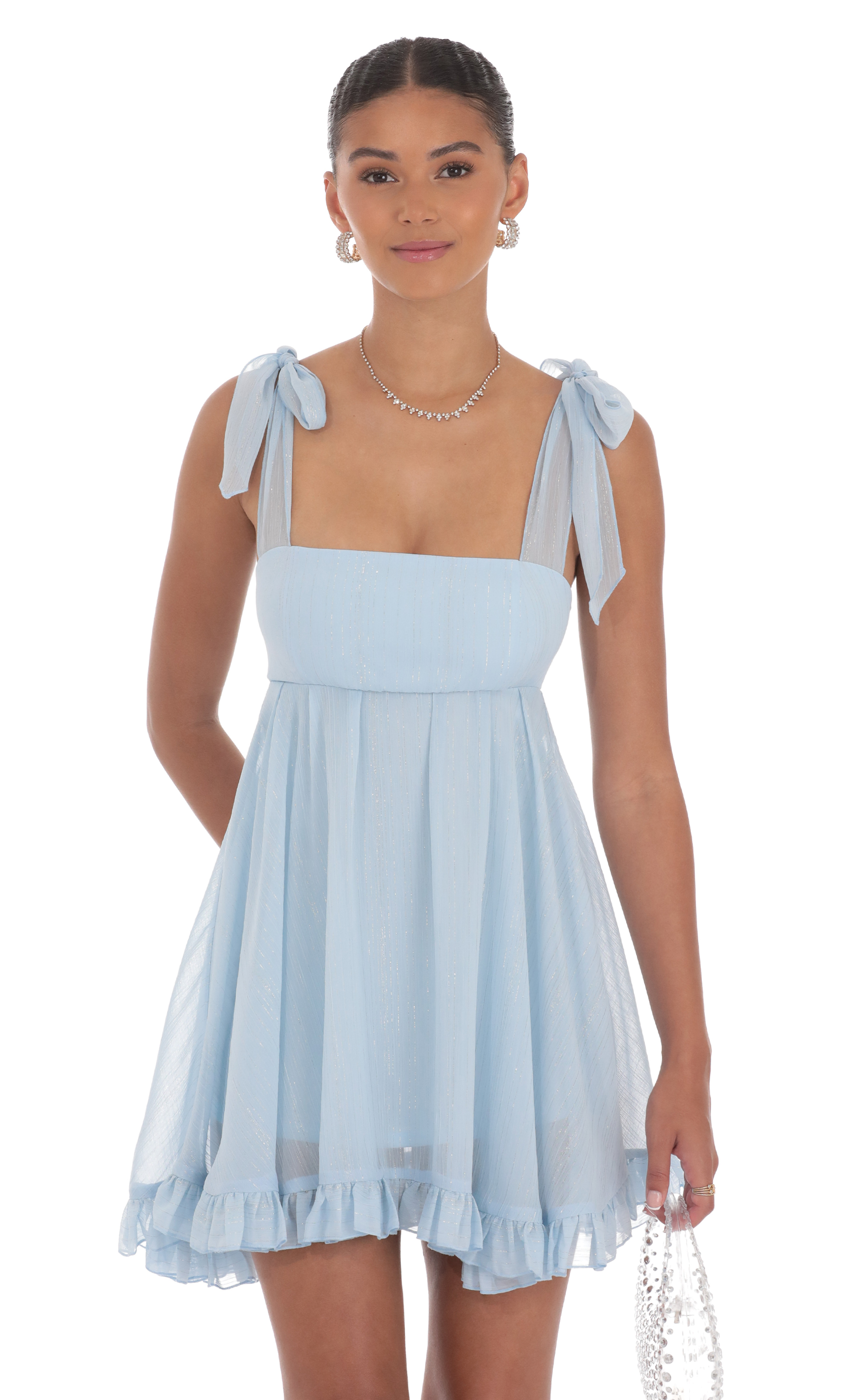 Shimmer Ruffle Babydoll Dress in Blue