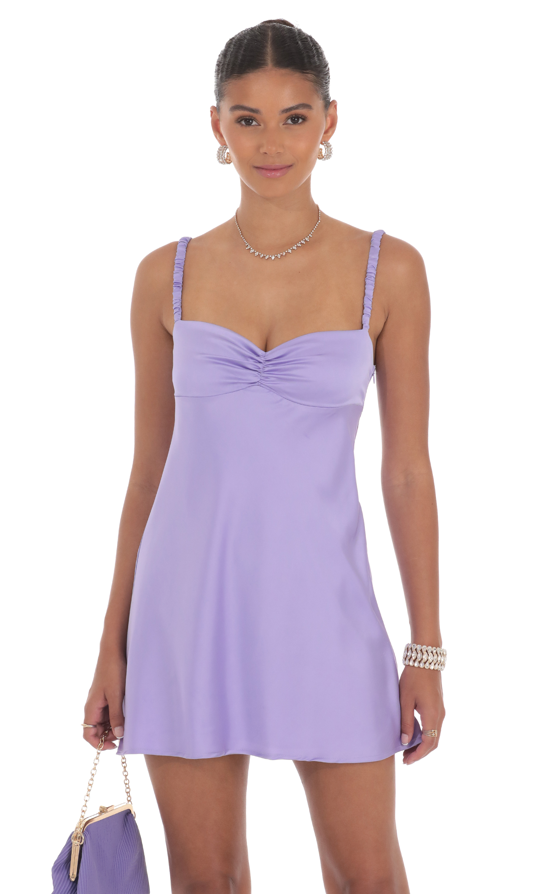 Satin Babydoll Dress in Purple