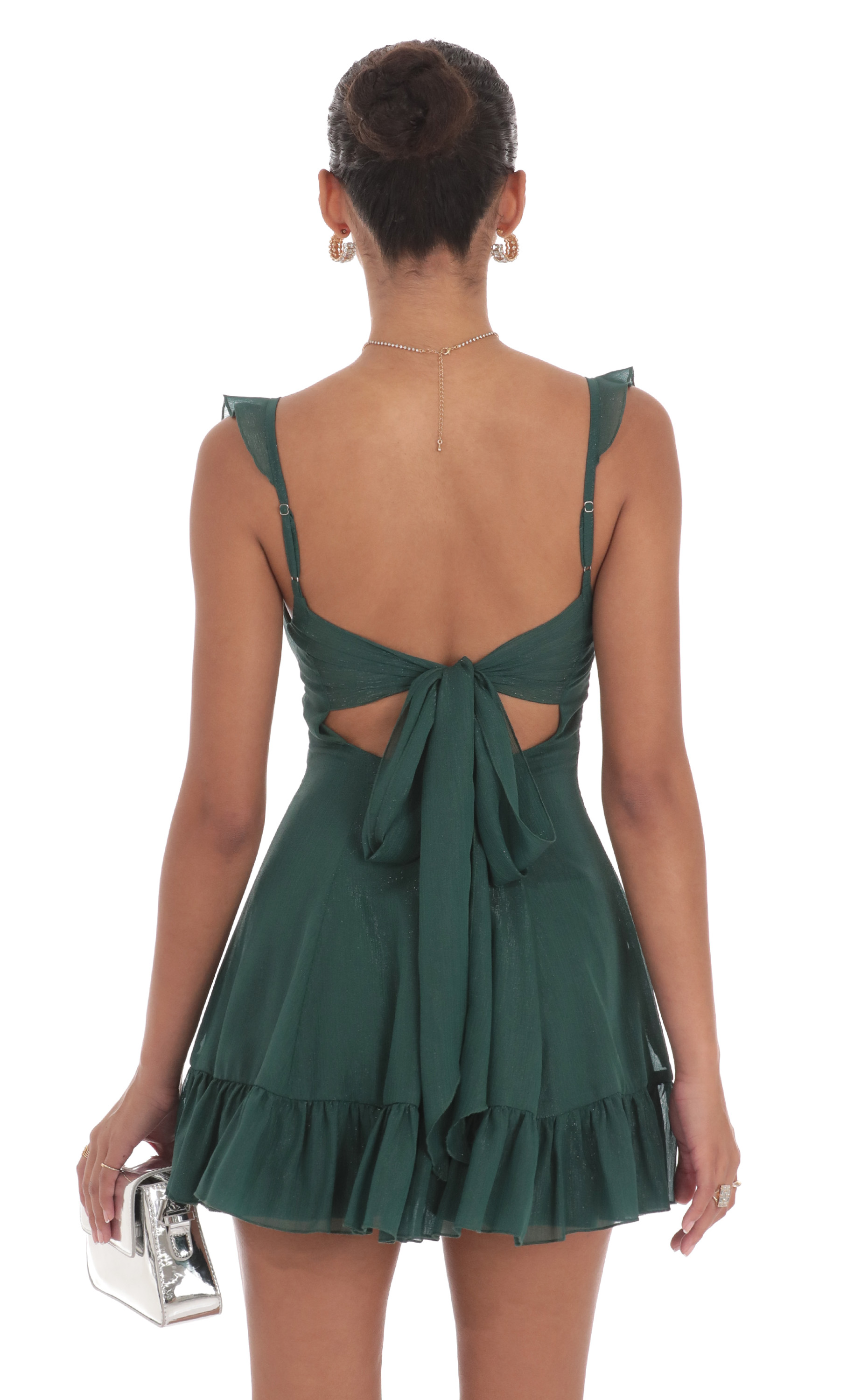 Shimmer Chiffon Ruffle Strap Dress in Green Shimmer Chiffon Ruffle Strap Dress in Green
