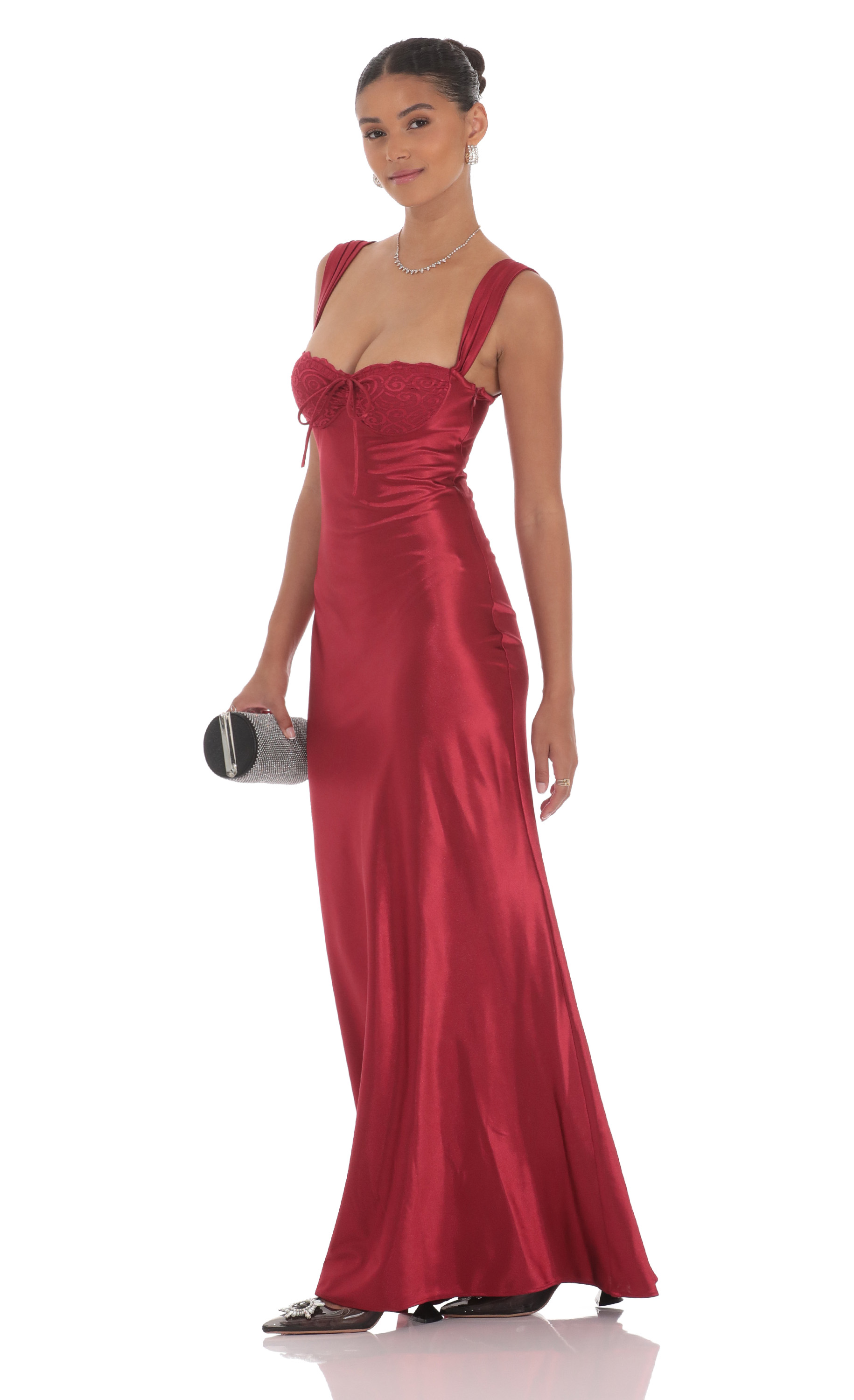 Satin Lace-Bust Dress in Red