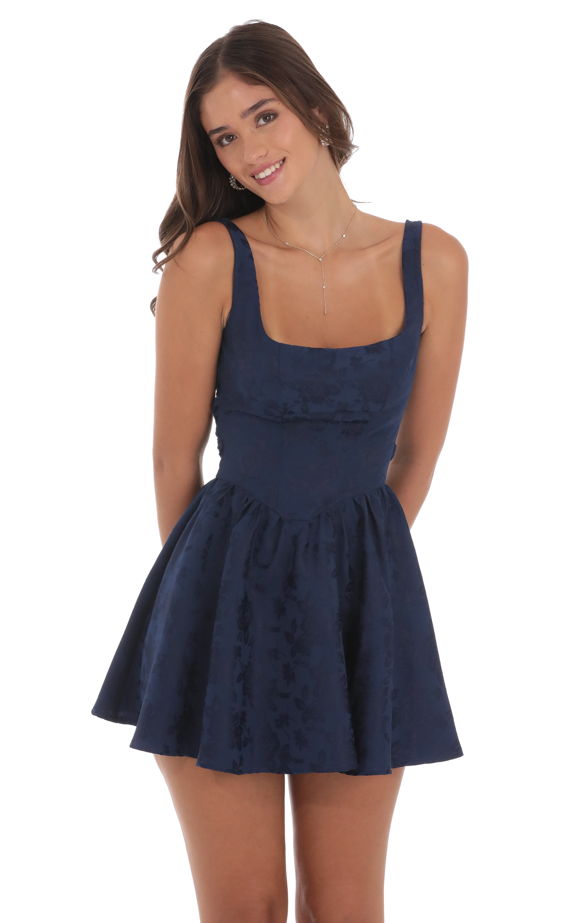 Floral Jacquard Open Back Bow Dress in Navy