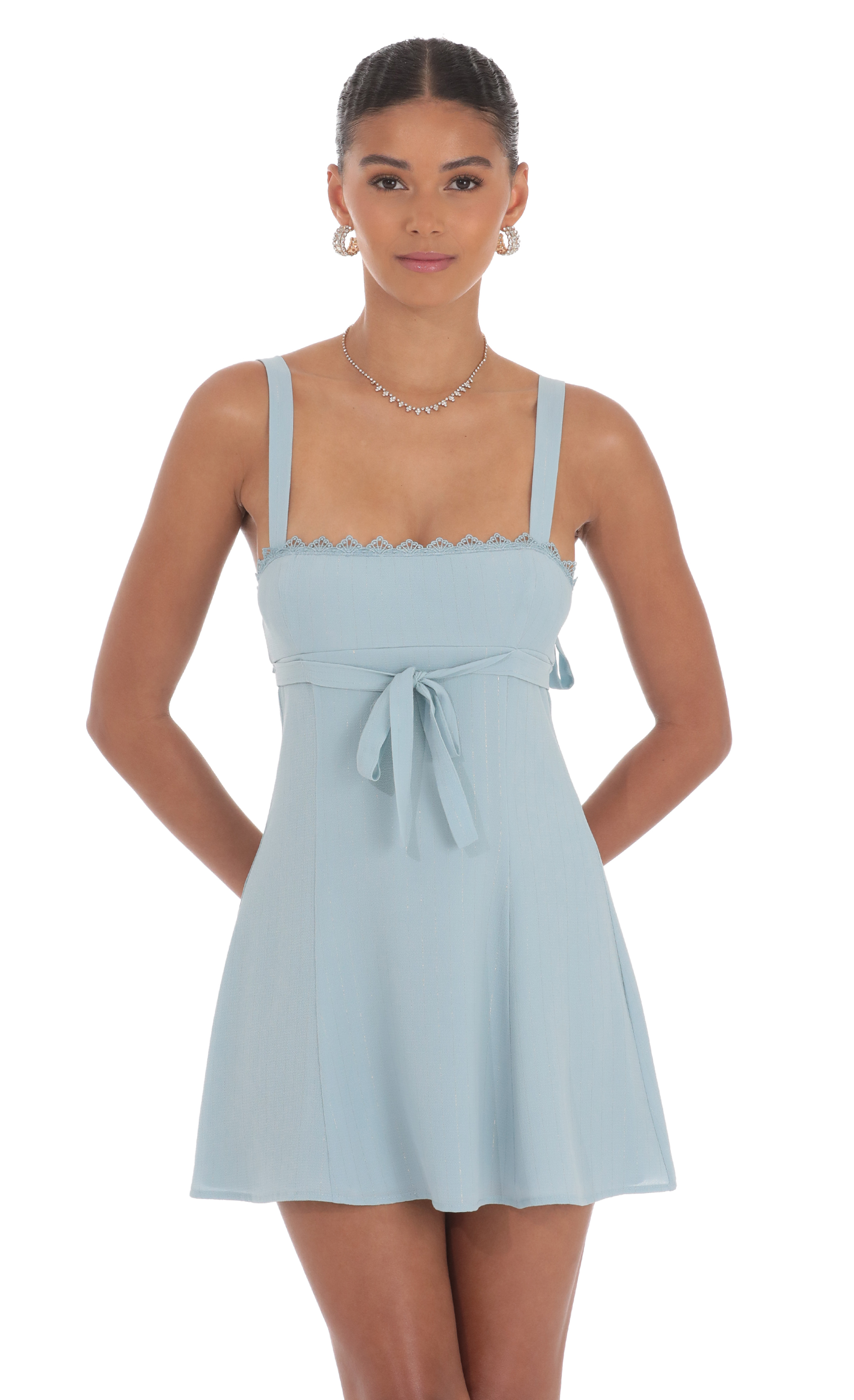 Shimmer Ribbon Embroidered Trim Dress in Blue