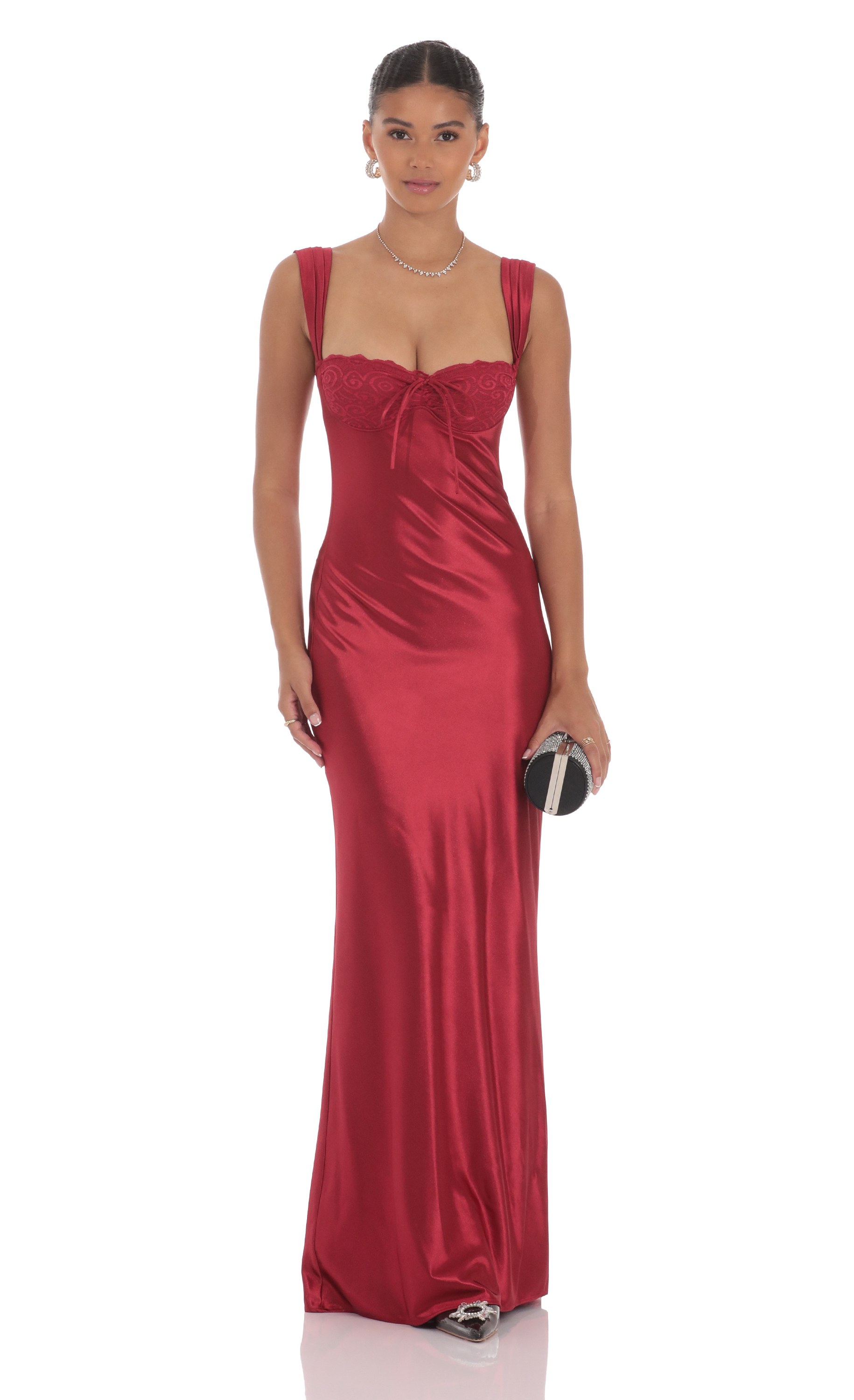 Satin Lace-Bust Dress in Red