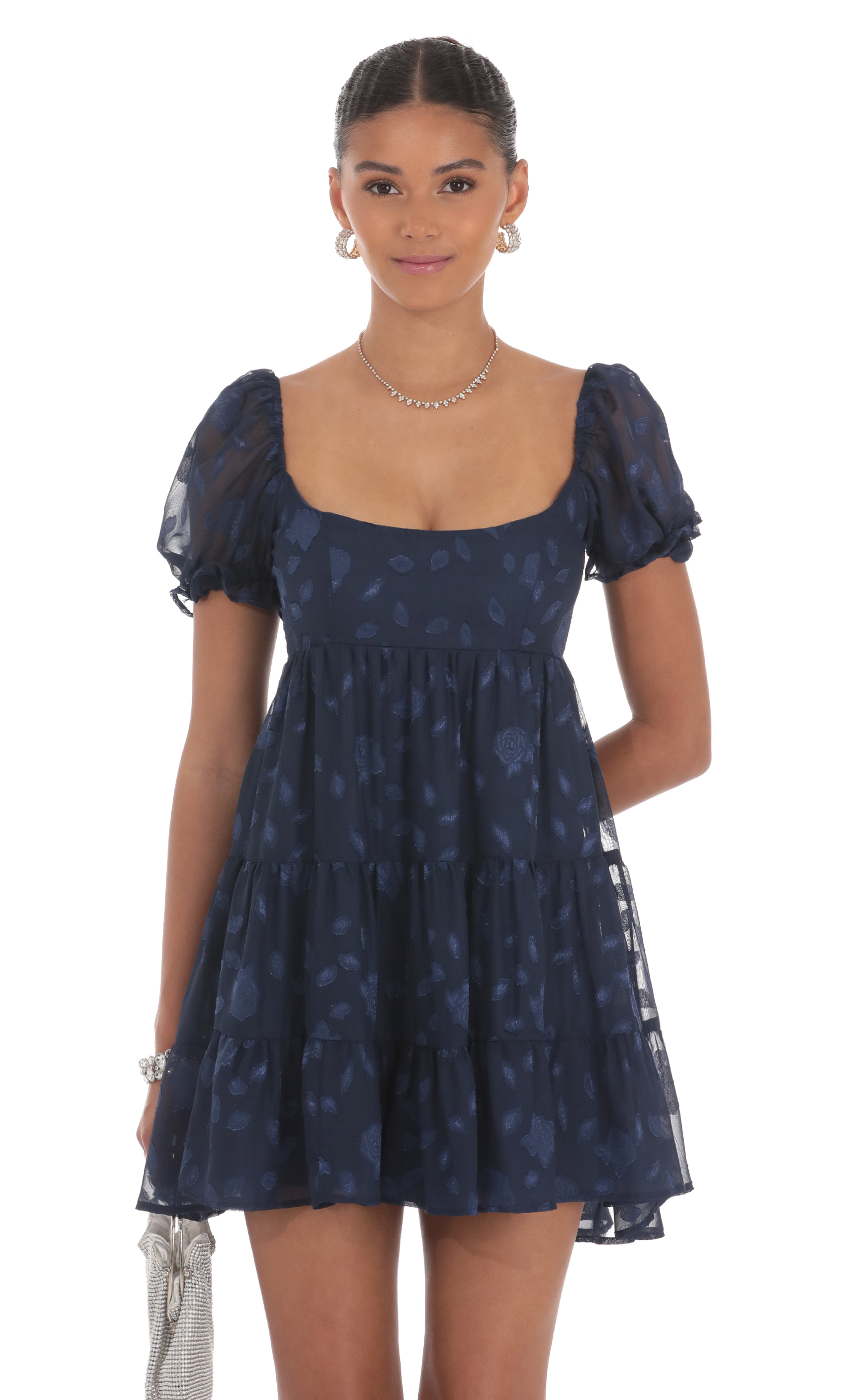 Floral Chiffon Fit and Flare Dress in Navy