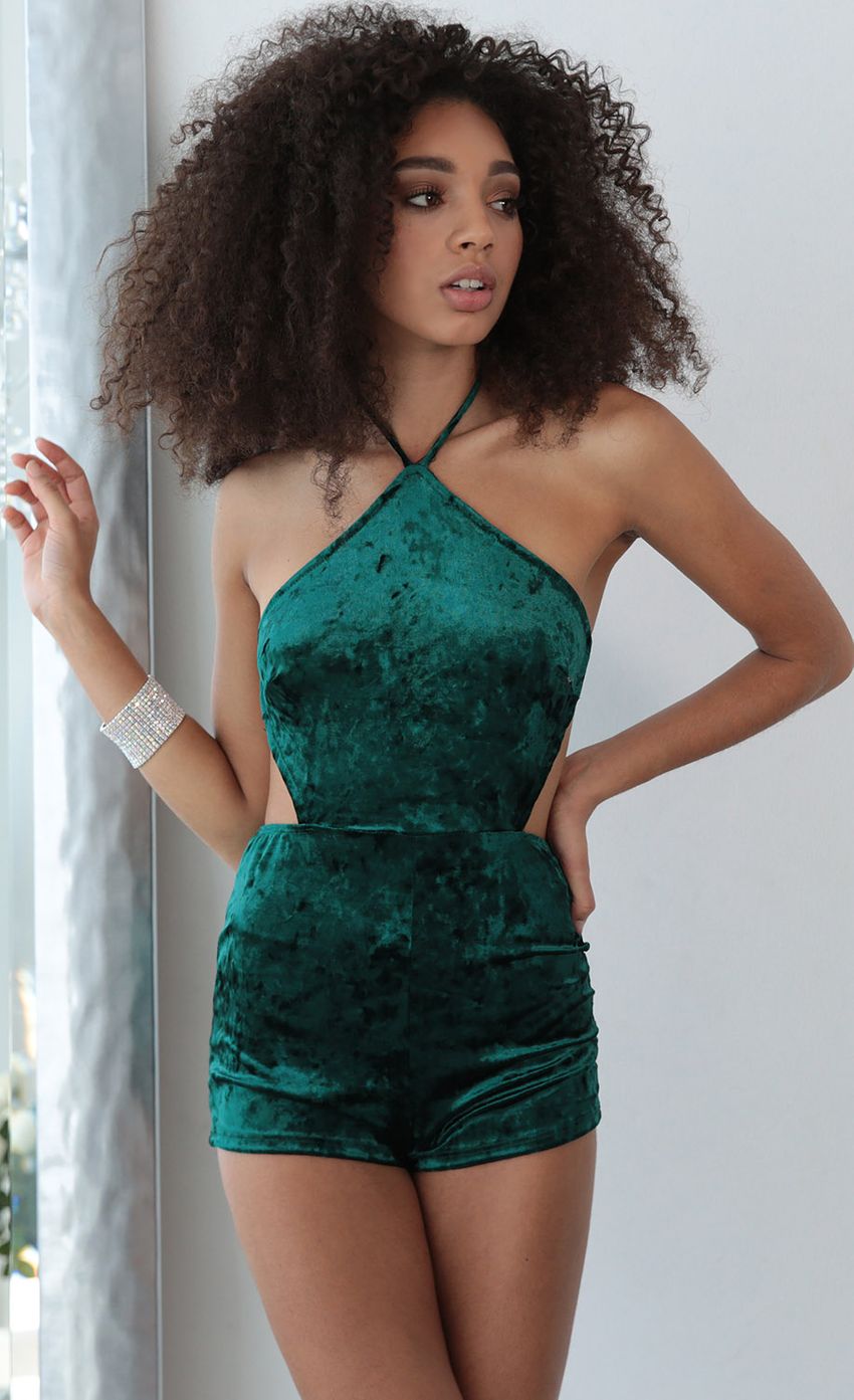 Picture Crushed Velvet Romper In Emerald Green. Source: https://media-img.lucyinthesky.com/data/Dec17_1/850xAUTO/0Y5A3140SS.JPG