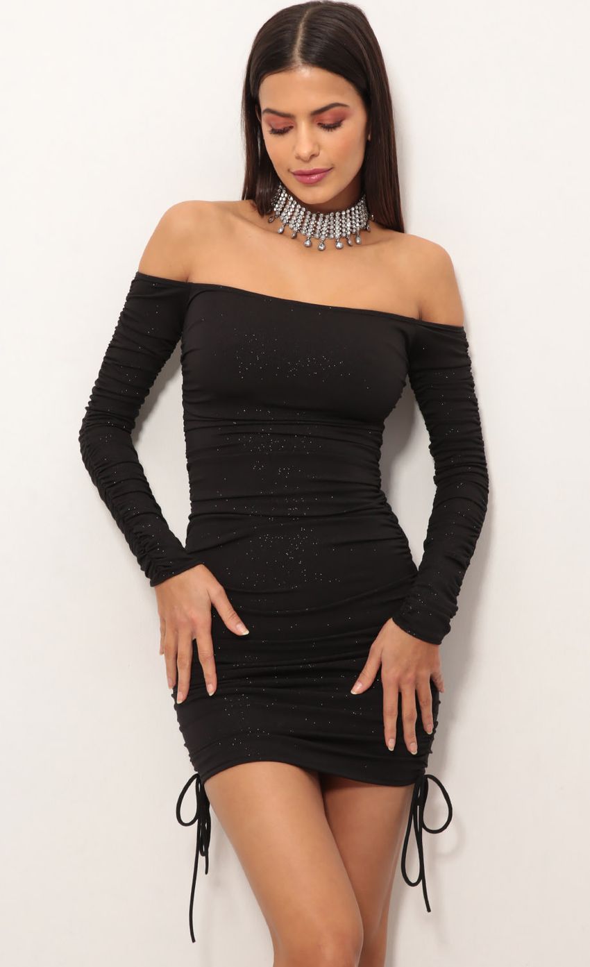 Picture Aria Double Ruched Dress in Black Shimmer. Source: https://media-img.lucyinthesky.com/data/Dec18_2/850xAUTO/0Y5A1361.JPG