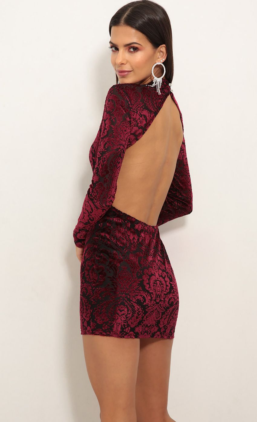 Picture Chloe Open Back Dress in Burgundy. Source: https://media-img.lucyinthesky.com/data/Dec18_2/850xAUTO/0Y5A7681.JPG