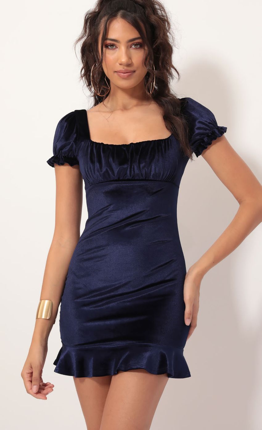 Picture Kristina Puff Sleeve Velvet Dress in Navy. Source: https://media-img.lucyinthesky.com/data/Dec19_1/850xAUTO/781A0492.JPG