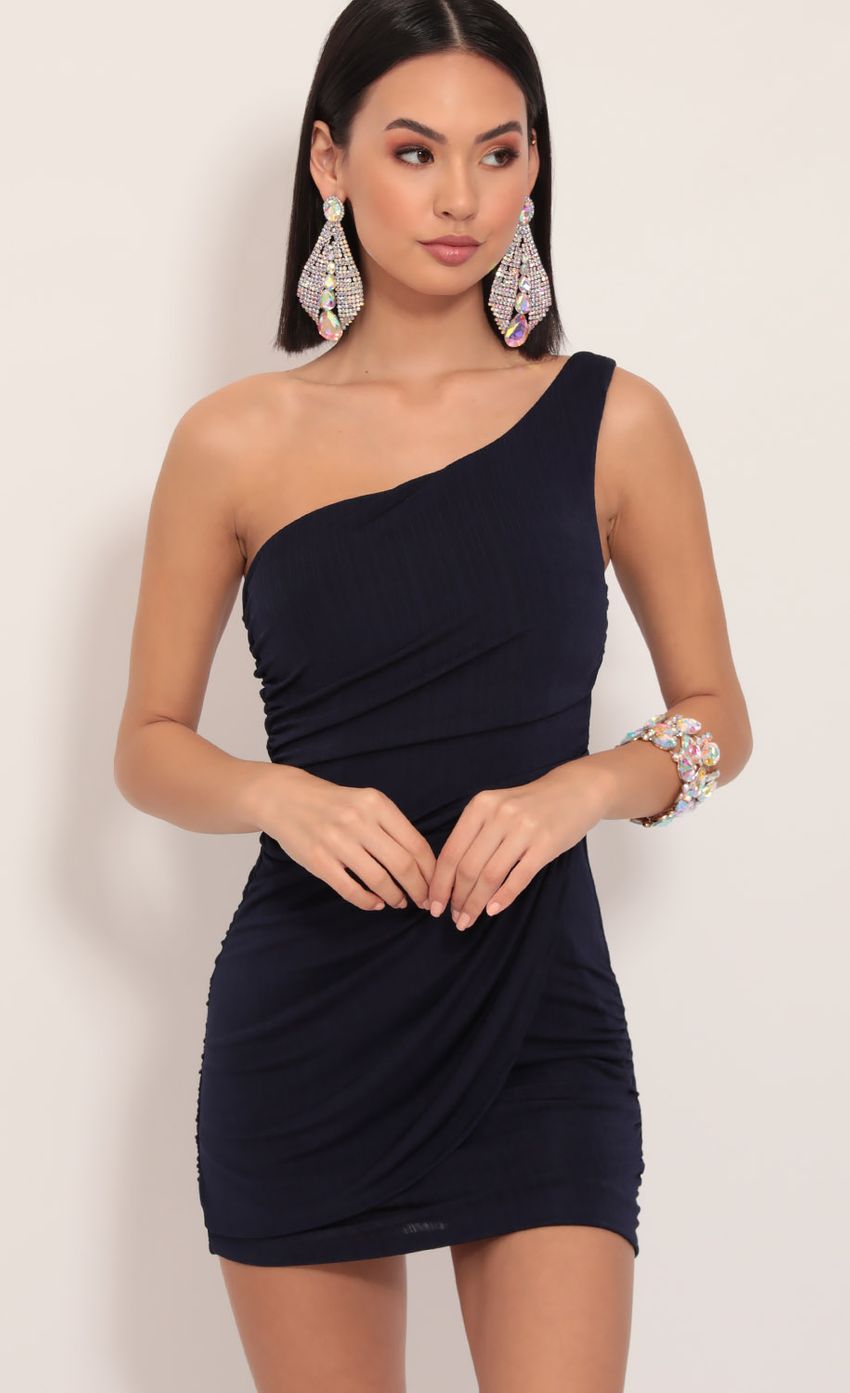 Picture Asymmetric Shoulder Dress in Navy. Source: https://media-img.lucyinthesky.com/data/Dec19_1/850xAUTO/781A1201.JPG