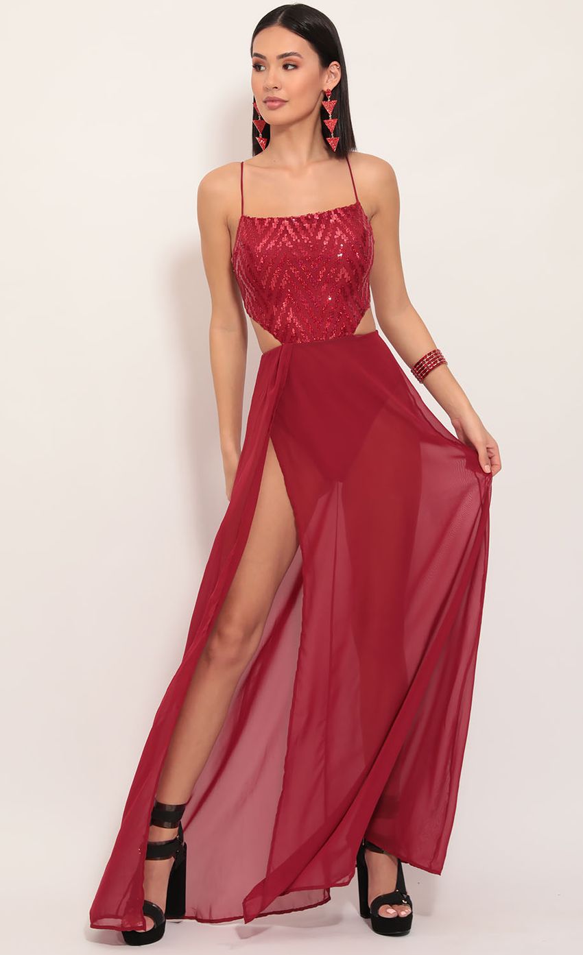 Picture Paris Chevron Sequin Maxi Dress in Ruby. Source: https://media-img.lucyinthesky.com/data/Dec19_1/850xAUTO/781A1433.JPG