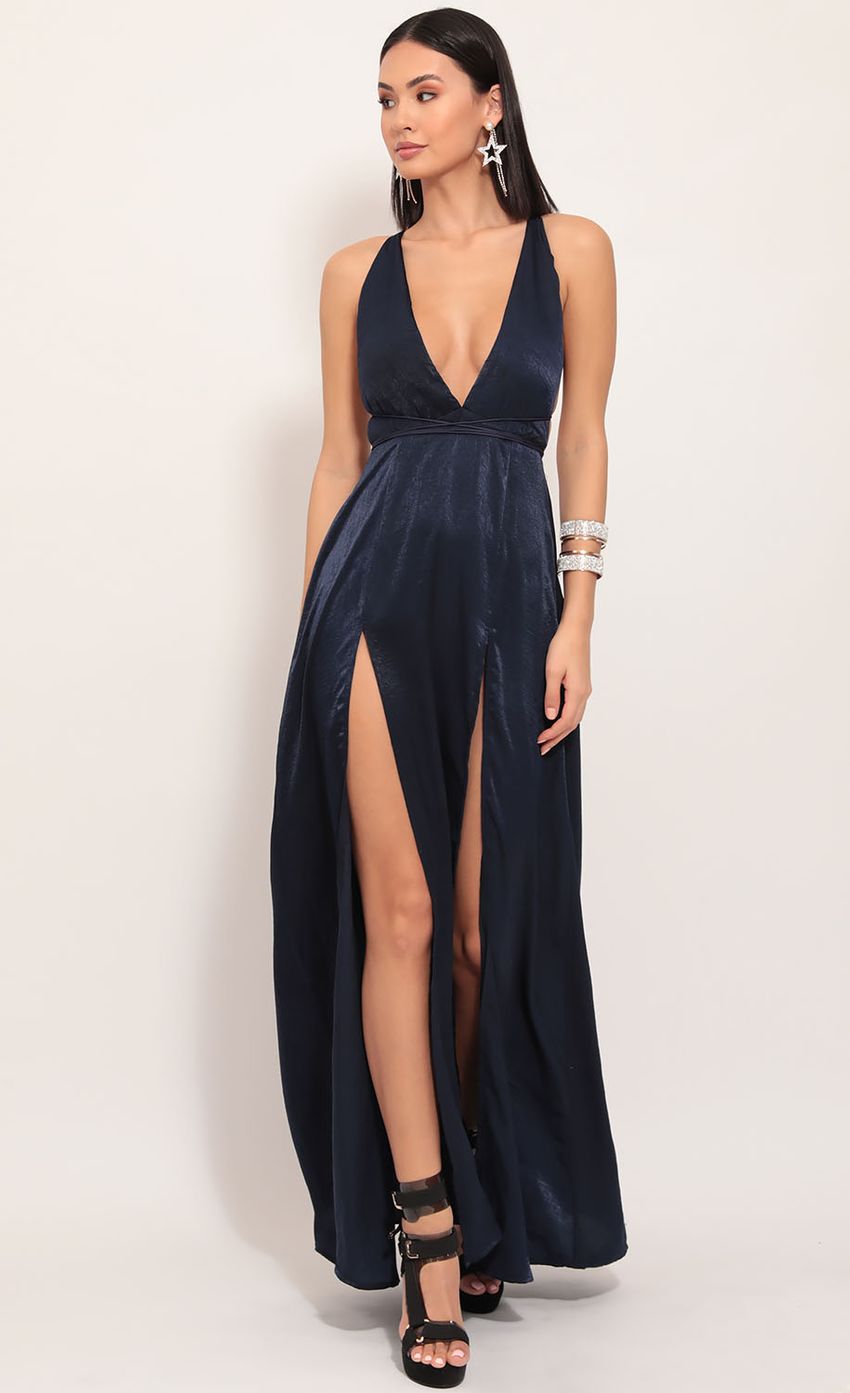 Picture Flashing Lights Maxi Dress in Navy Satin. Source: https://media-img.lucyinthesky.com/data/Dec19_1/850xAUTO/781A1517.JPG