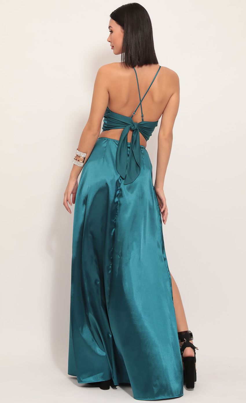 Picture Madeline Satin Maxi Set in Teal. Source: https://media-img.lucyinthesky.com/data/Dec19_1/850xAUTO/781A1589.JPG