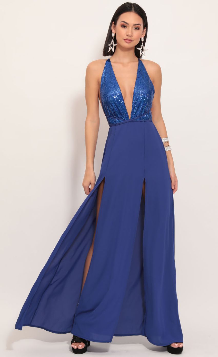 Picture Allure Sequin Maxi Dress in Royal Blue. Source: https://media-img.lucyinthesky.com/data/Dec19_1/850xAUTO/781A1704.JPG