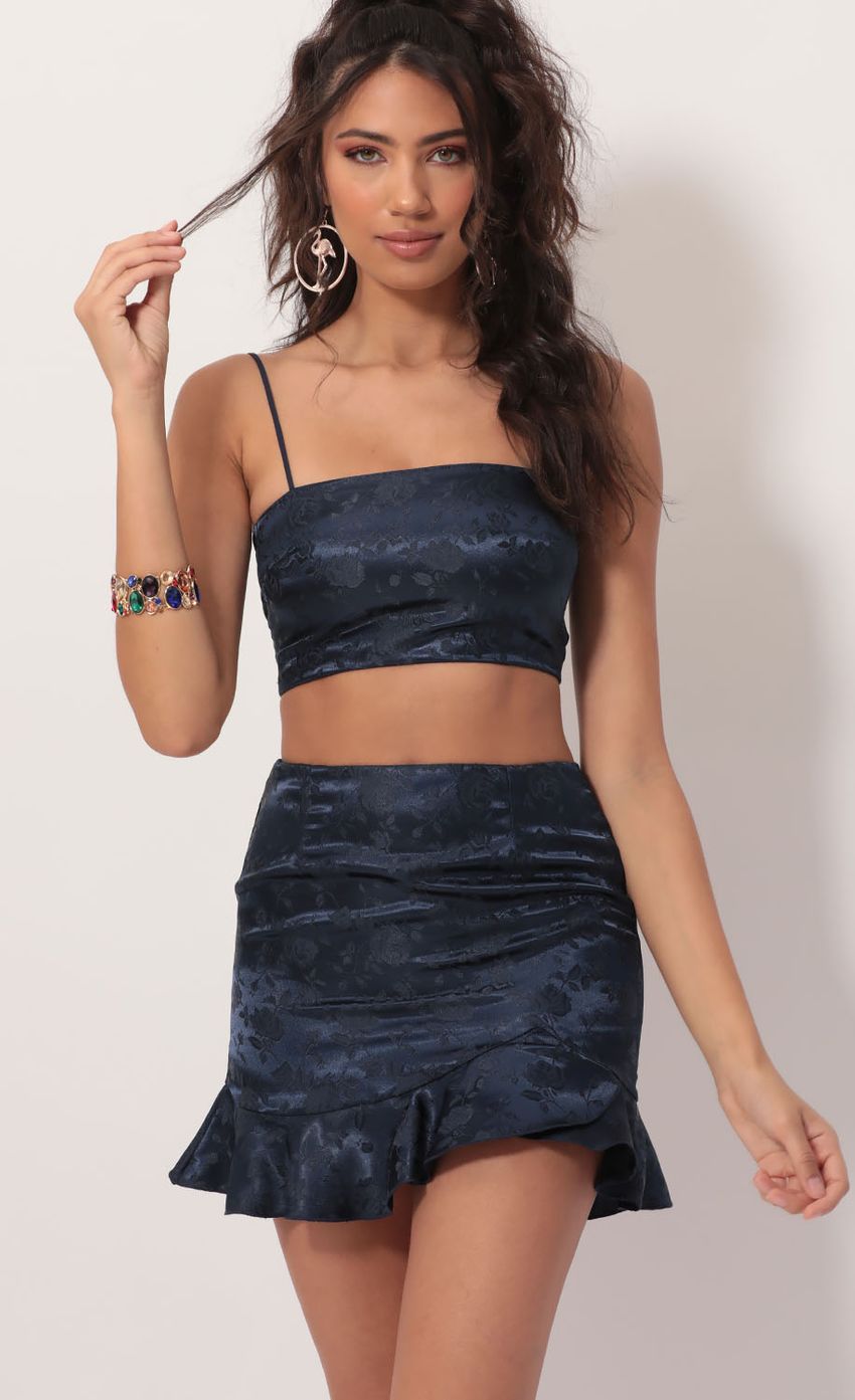 Picture Briella Satin Jacquard Ruffle Set in Navy. Source: https://media-img.lucyinthesky.com/data/Dec19_1/850xAUTO/781A2089.JPG