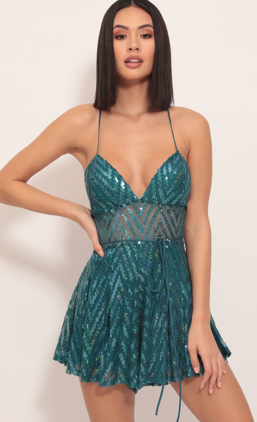 Picture Dariah Chevron Sequin Romper in Teal. Source: https://media-img.lucyinthesky.com/data/Dec19_1/850xAUTO/781A2395.JPG