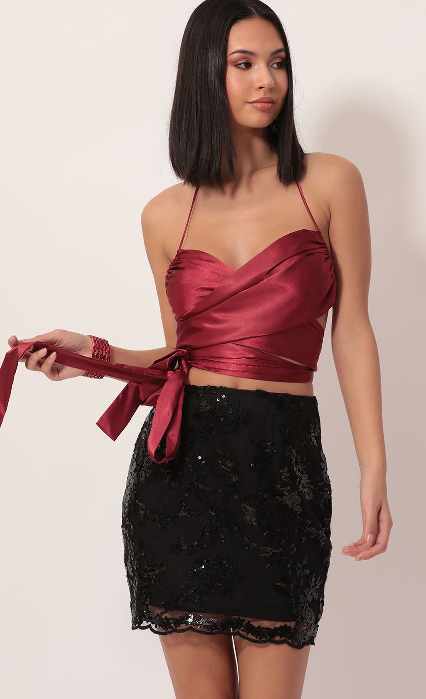 Picture Daylight Satin Bow Tie Top in Merlot. Source: https://media-img.lucyinthesky.com/data/Dec19_1/850xAUTO/781A8469.JPG
