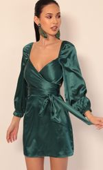 Picture Miley Puff Sleeve Wrap Dress in Hunter Green. Source: https://media-img.lucyinthesky.com/data/Dec19_2/150xAUTO/781A4906.JPG