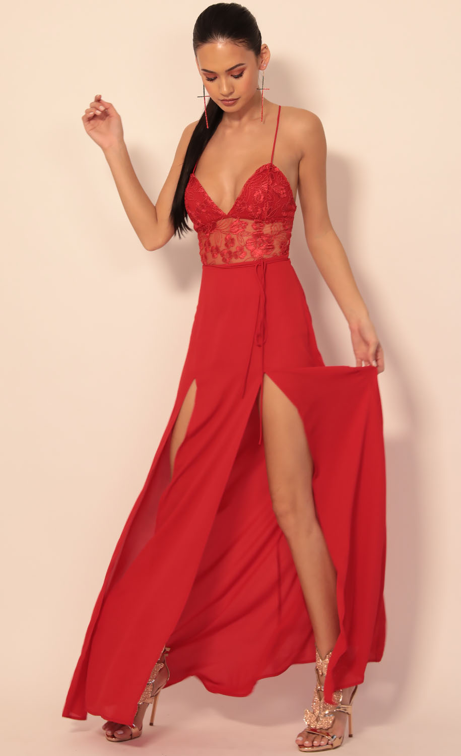 Lace Maxi Dress in Red