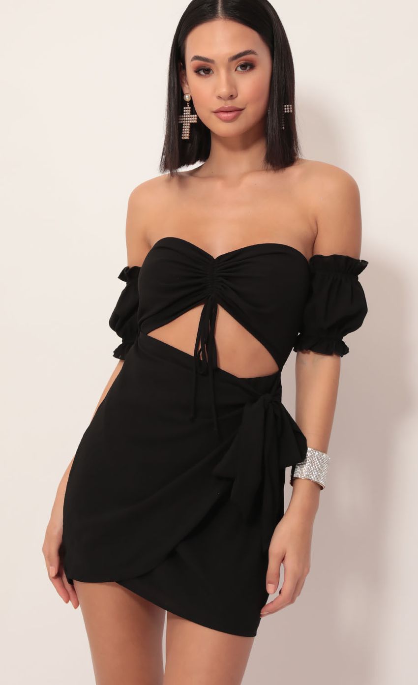 Picture Kaylee Chiffon Wrap Dress in Black. Source: https://media-img.lucyinthesky.com/data/Dec19_2/850xAUTO/781A2856.JPG