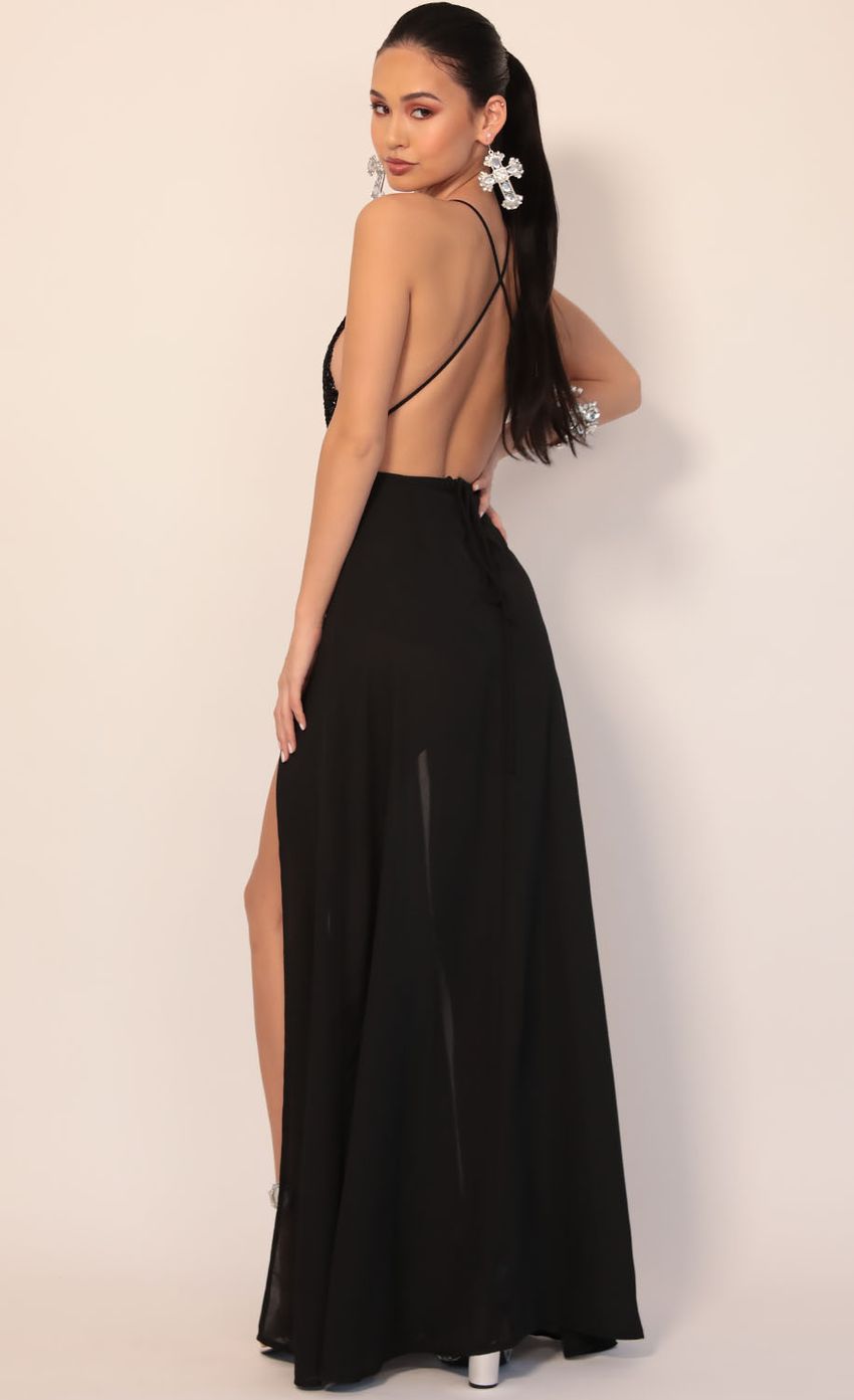 Picture Allure Sequin Maxi Dress in Black Silver. Source: https://media-img.lucyinthesky.com/data/Dec19_2/850xAUTO/781A3708.JPG