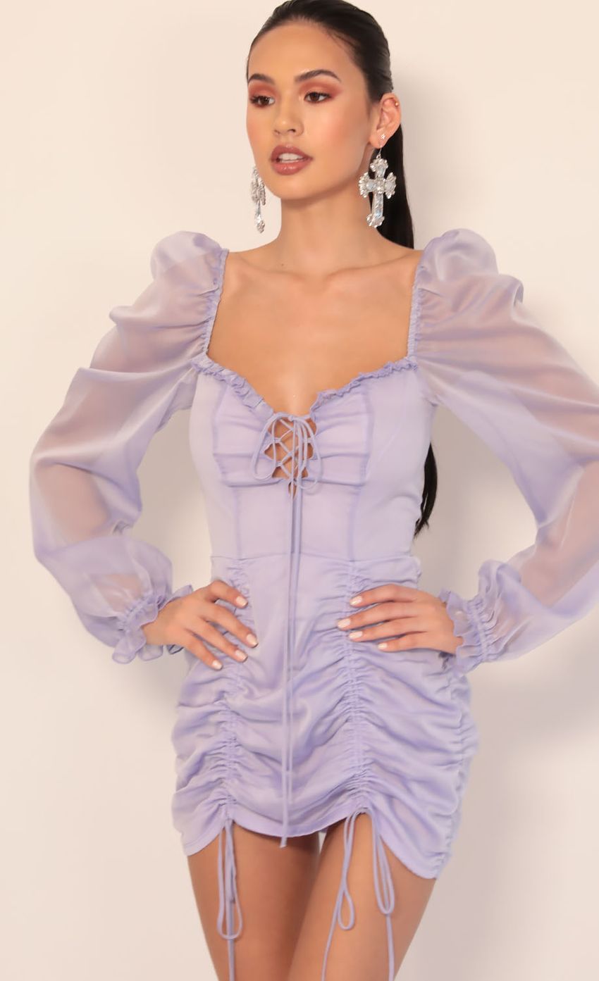Picture Chiffon Puff Sleeve Dress in Lavender. Source: https://media-img.lucyinthesky.com/data/Dec19_2/850xAUTO/781A3770.JPG