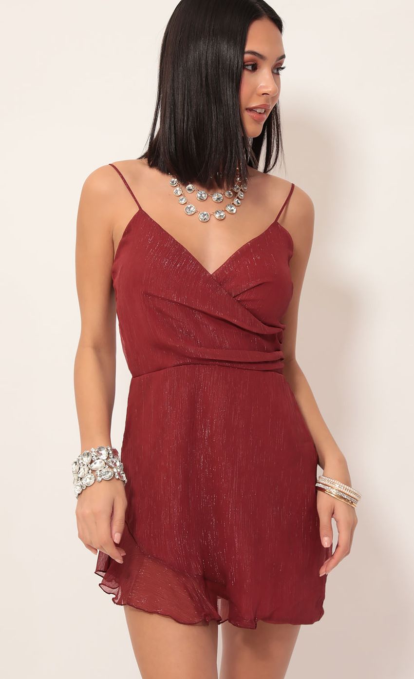 Picture Kayden Shimmer Chiffon Frill Dress in Deep Red. Source: https://media-img.lucyinthesky.com/data/Dec19_2/850xAUTO/781A7644.JPG