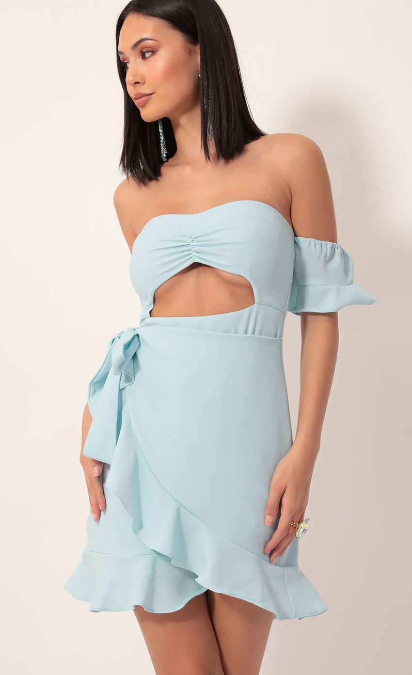 Picture Melrose Off Shoulder Wrap Dress in Light Blue. Source: https://media-img.lucyinthesky.com/data/Dec19_2/850xAUTO/781A7981.JPG
